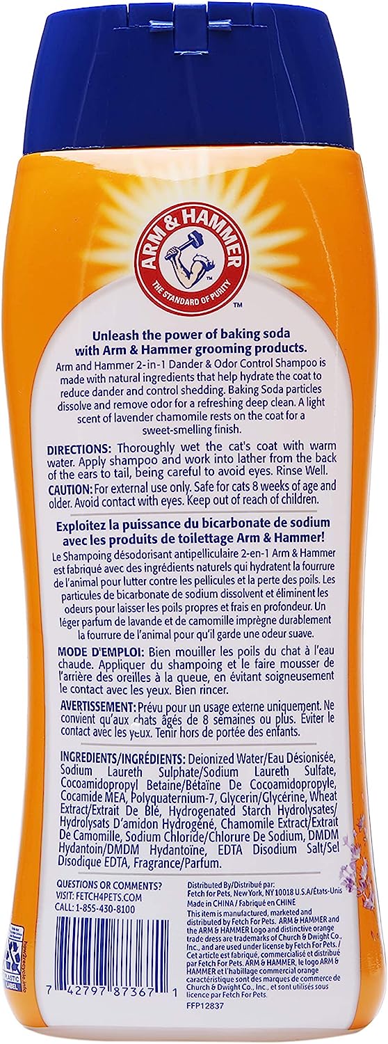 ARM & HAMMER SHAMPOO DESODORANTE Y REDUCTOR DE CASPA 2 EN 1 PARA GATOS DE LAVANDA Y MANZANILLA